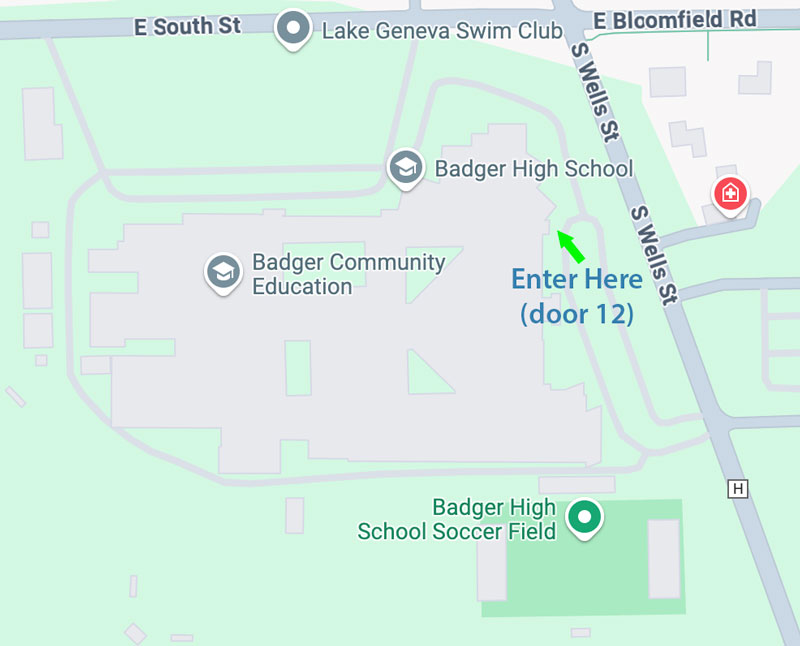 Badger High School Map with arrow pointing to door 12